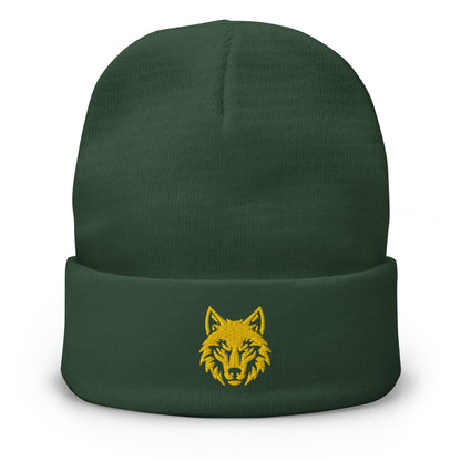 Embroidered gold wolf beanie inspired by ancient Dacian symbol