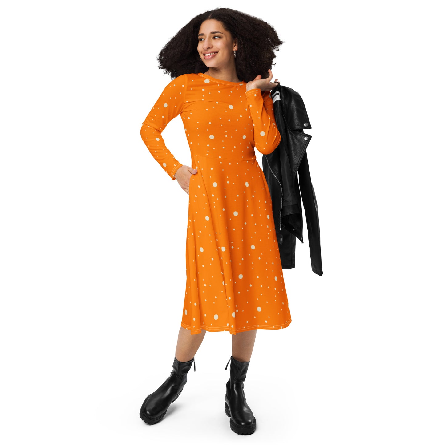 Everyday orange and white polka dot midi dress with stylish fit