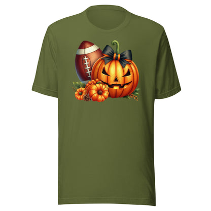 Fall-themed t-shirt with pumpkin and football illustration