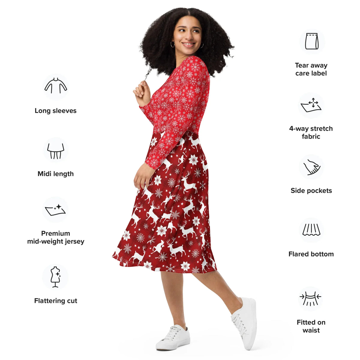 Festive red Christmas dress for women with flowing midi skirt