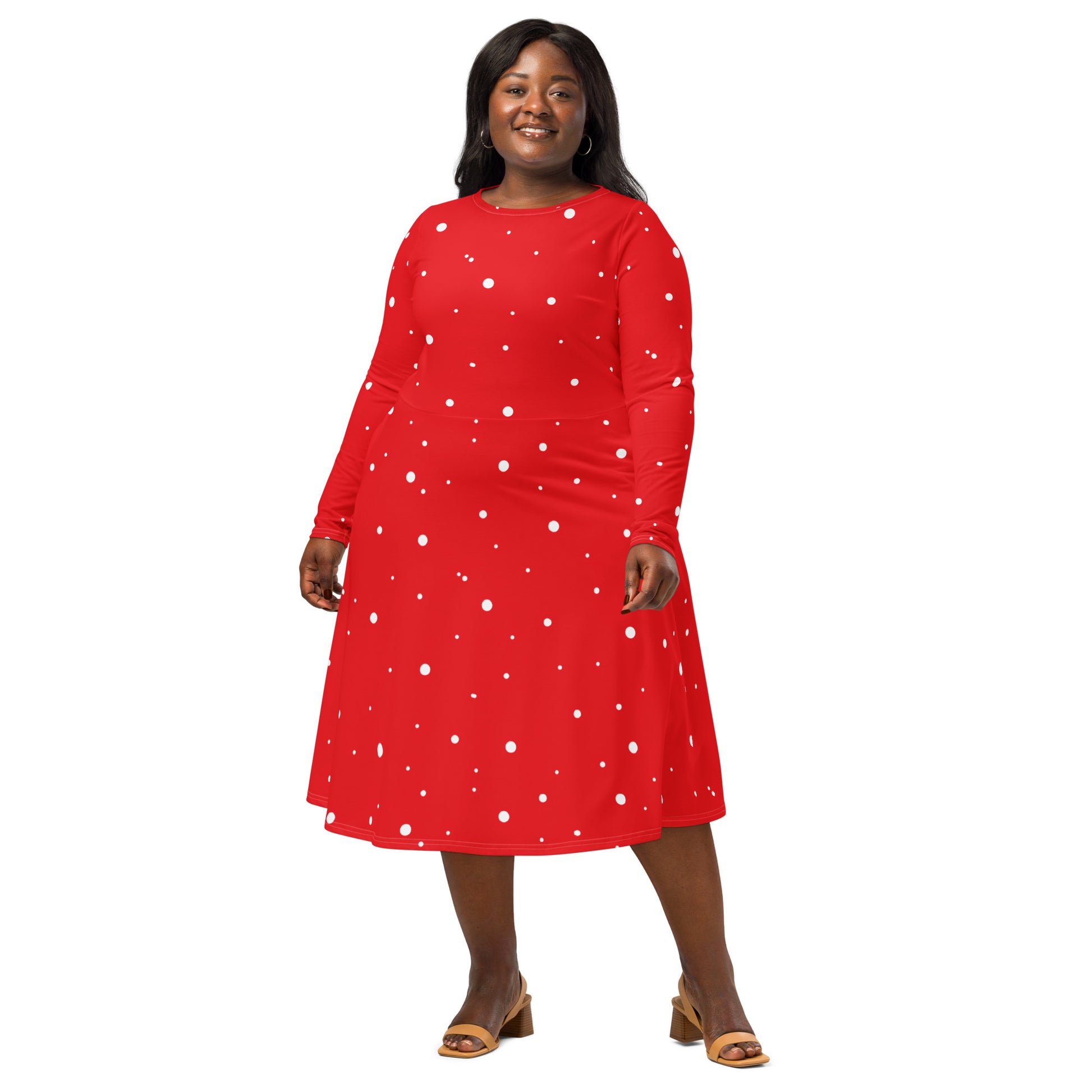 Flared midi dress in red with white dots
