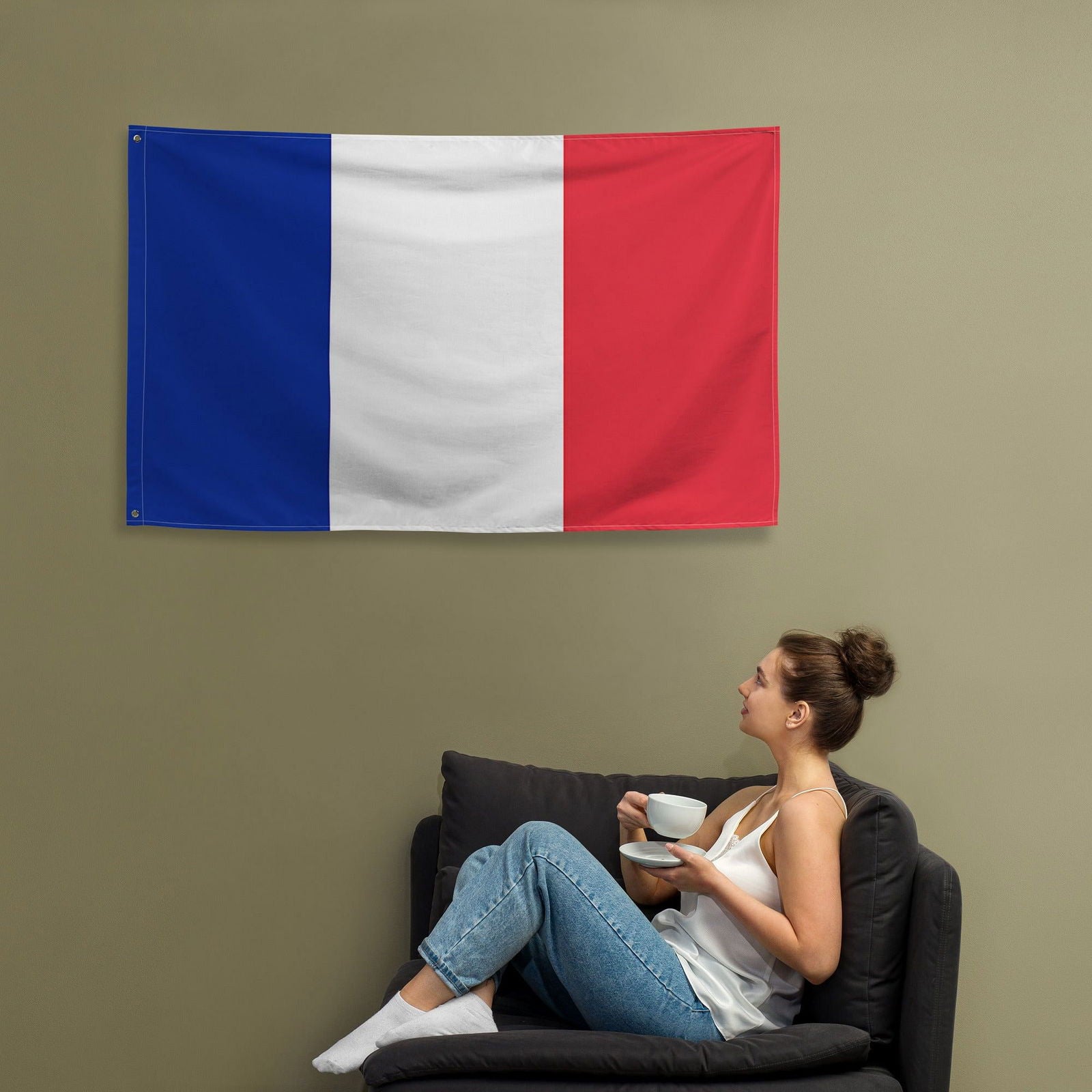 French tricolor flag hanging on wall for home decoration