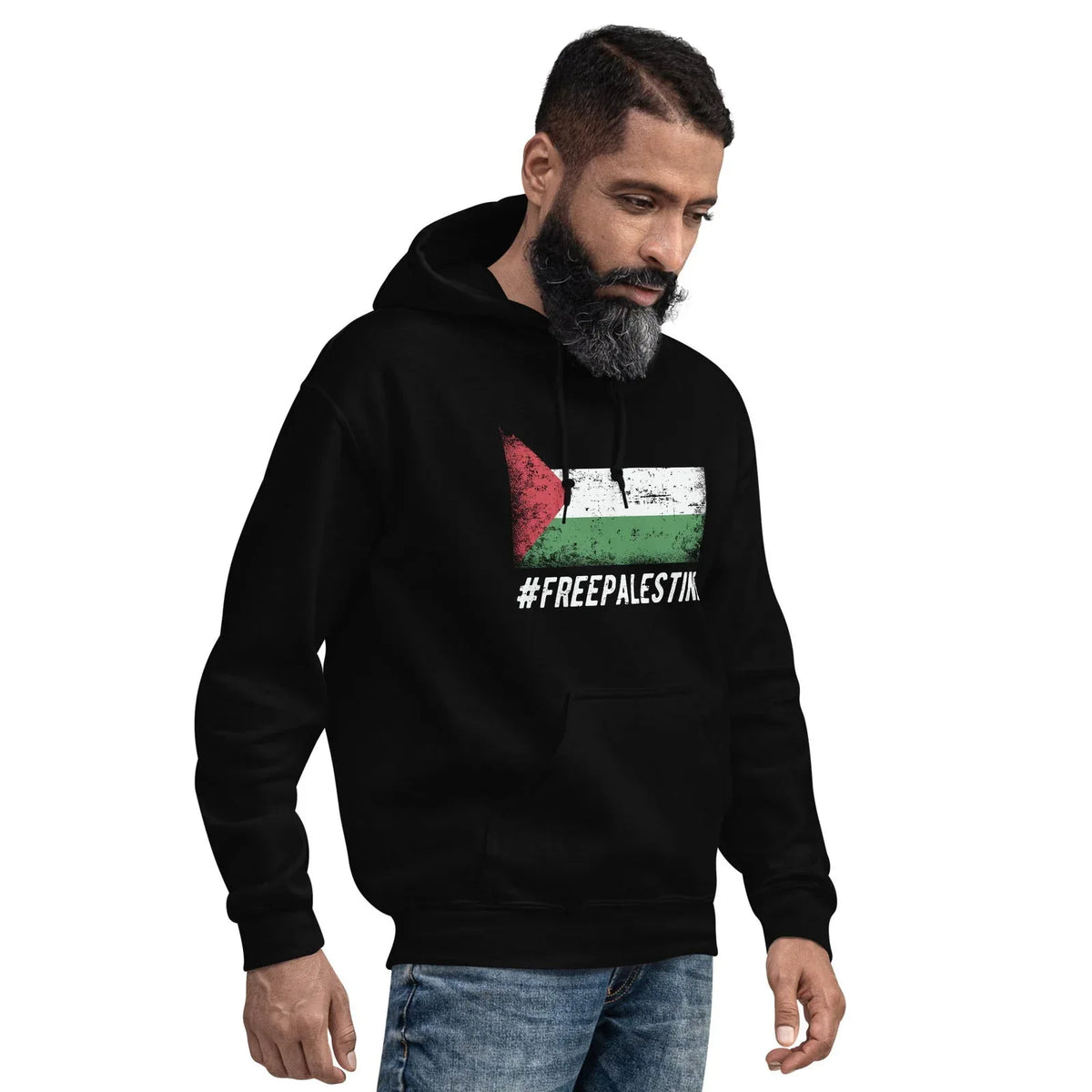 Front view of black Palestine hoodie