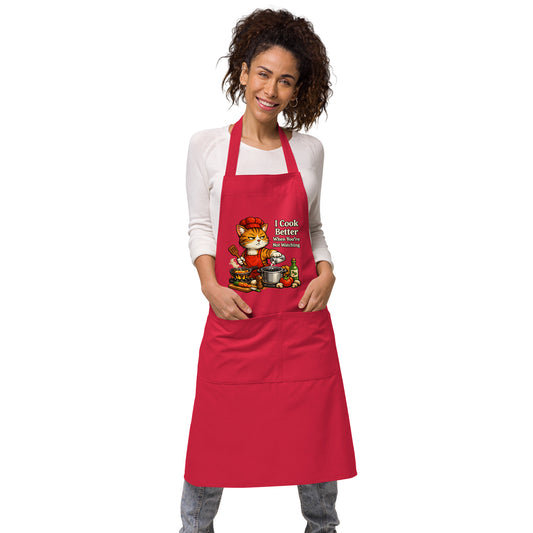 Funny cat cooking apron in red made from organic cotton with humorous quote