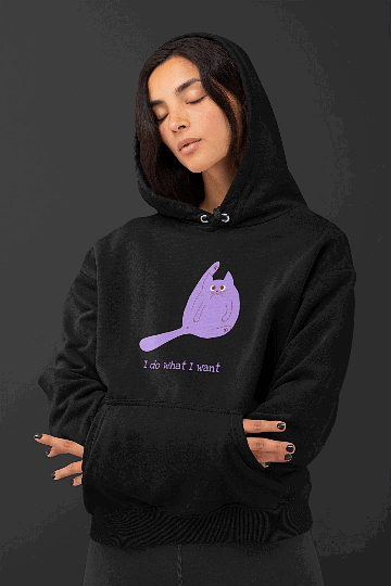 Funny cat hoodie for cat lovers featuring rebellious purple feline and leg-lift pose