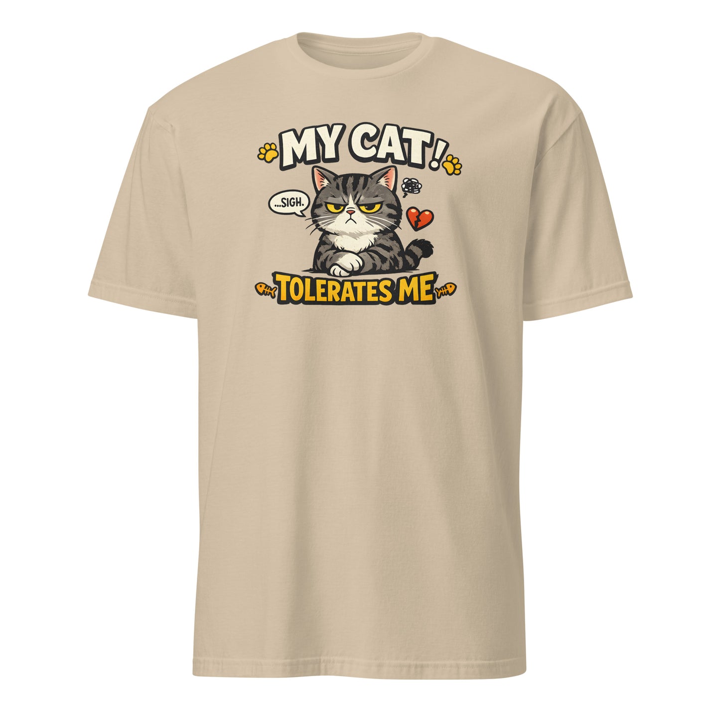Funny cat owner t-shirt with grumpy cat illustration and text my cat tolerates me