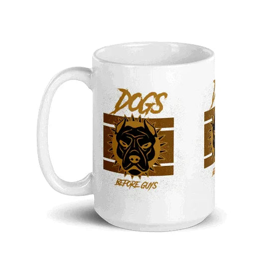 Funny dog lover coffee mug with fierce pitbull design in black and gold