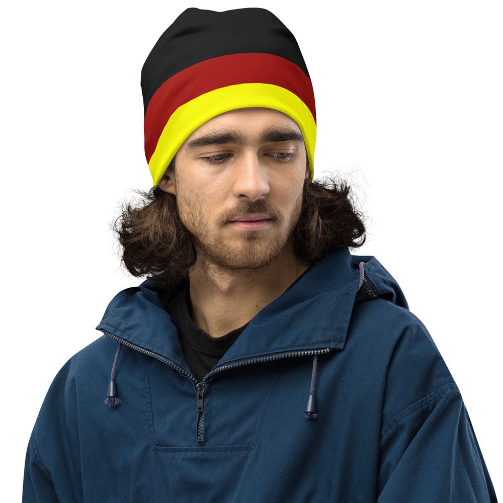 German flag beanie displayed on a model