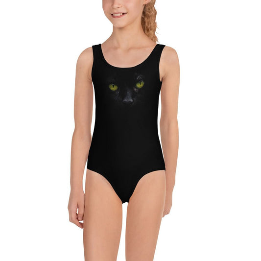 Girls animal print swimsuit with black cat face design