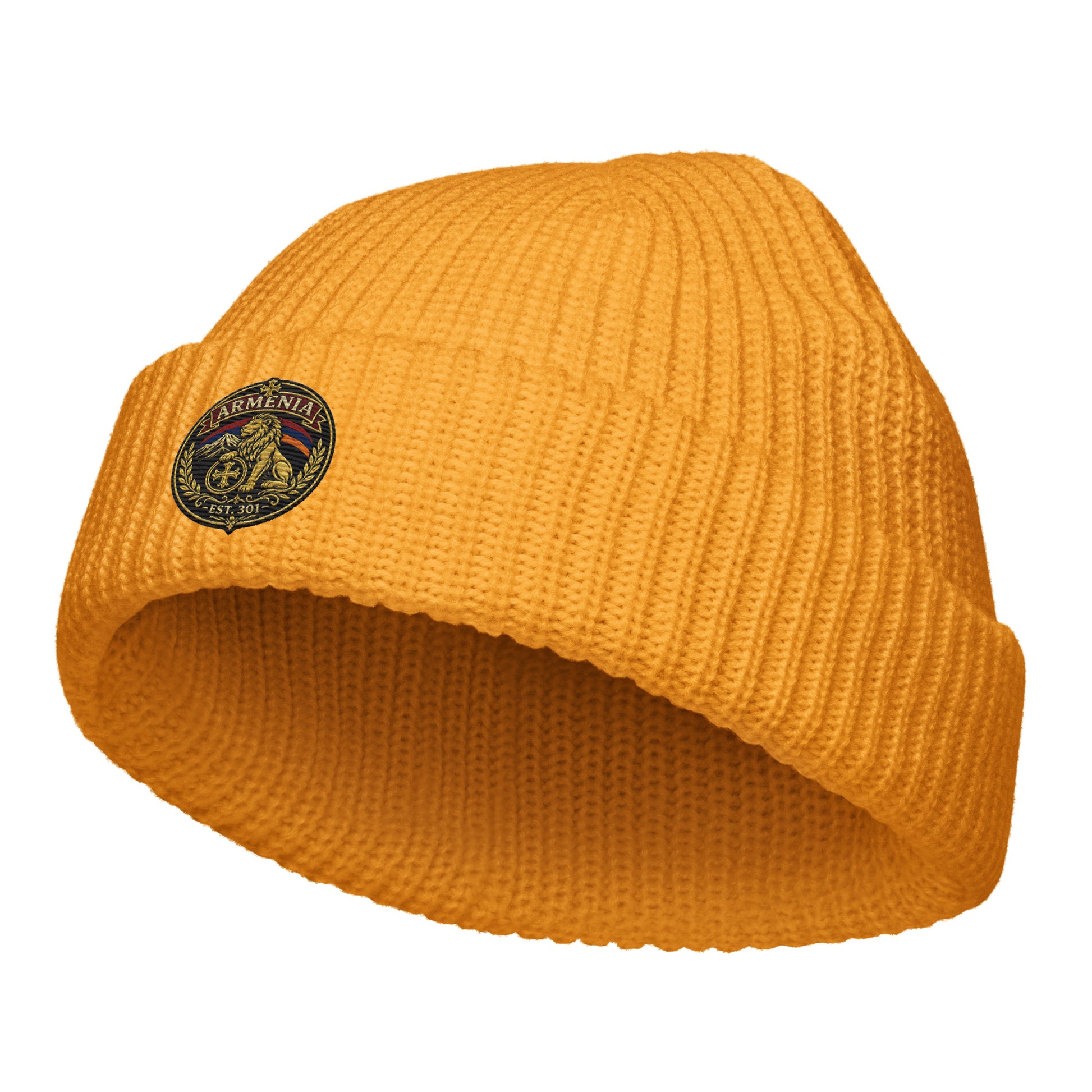 Gold Armenia lion crest beanie with embroidered Est. 301 emblem