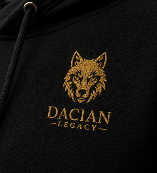 Gold embroidered Dacian wolf logo on black hoodie chest