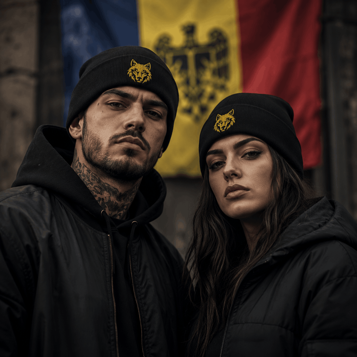 Gold embroidered wolf head beanie for Romanian heritage lovers