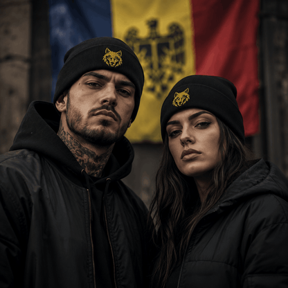 Gold embroidered wolf head beanie for Romanian heritage lovers