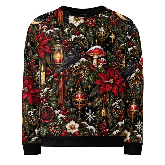 Gothic Christmas sweater featuring ravens, roses, holly and Christmas ornaments