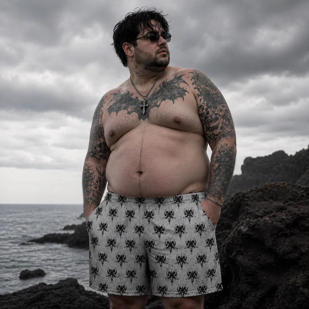 Gothic summer swim trunks with all over occult design