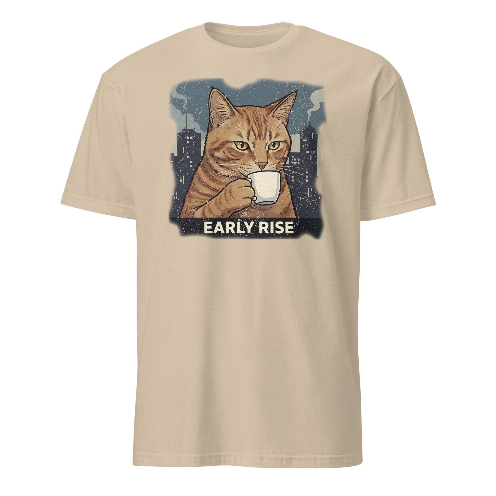 Graphic t-shirt with cat holding coffee mug for cat lovers