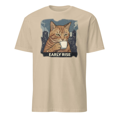 Graphic t-shirt with cat holding coffee mug for cat lovers