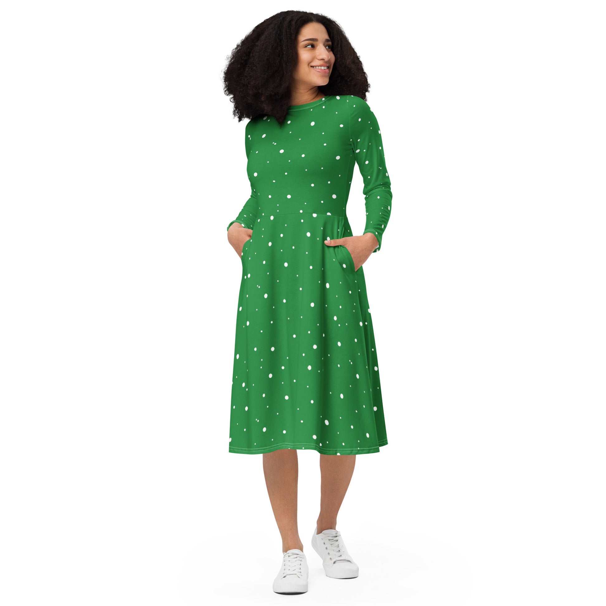 Green And White Polka Dot Dress long sleeves and fitted waist