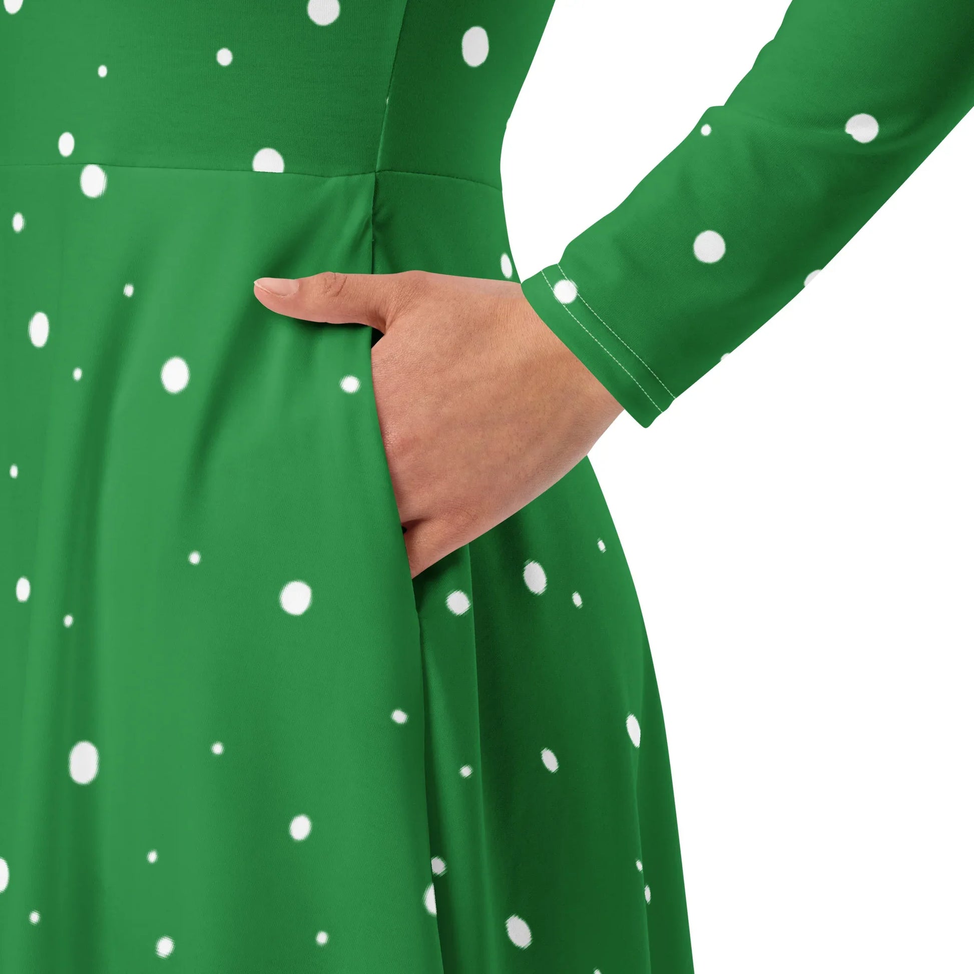 Green & White Polka Dot Midi Dress | Long Sleeves, Pockets & Flare YVDdesign Green & White Polka Dot Midi Dress | Long Sleeves, Pockets & Flare YVDdesign
