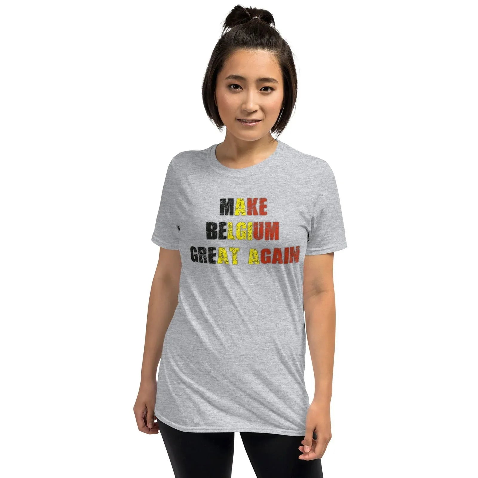 Grey graphic tee with Belgium pride slogan for soccer fans