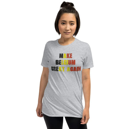 Grey graphic tee with Belgium pride slogan for soccer fans