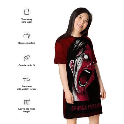 Grunge style graphic dress with dropped shoulders wide sleeves
