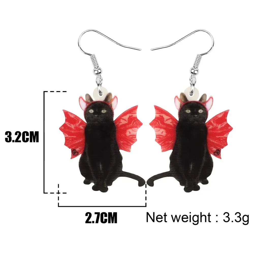 Black cat earrings with red devil horns and wings - a stylish and unique accessory for any occasion