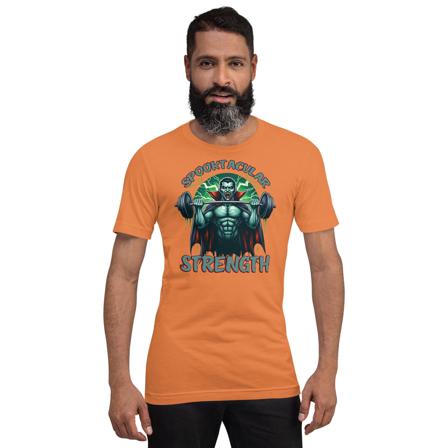 Halloween gym t-shirt with vampire lifting weights