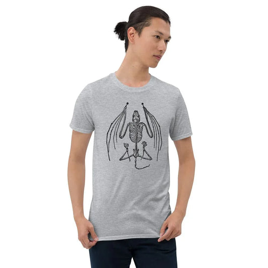Halloween ready grey bat t-shirt featuring spooky bat bones