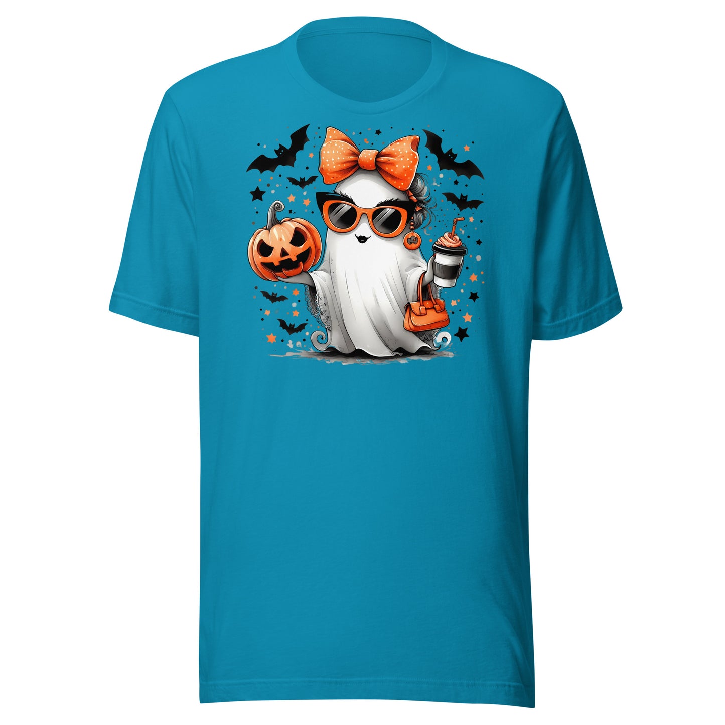 Halloween t-shirt featuring ghost, pumpkin, and bats