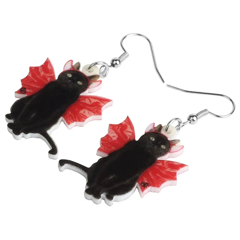 Black cat earrings with red devil horns and wings - a must-have for any collection of unique jewelry