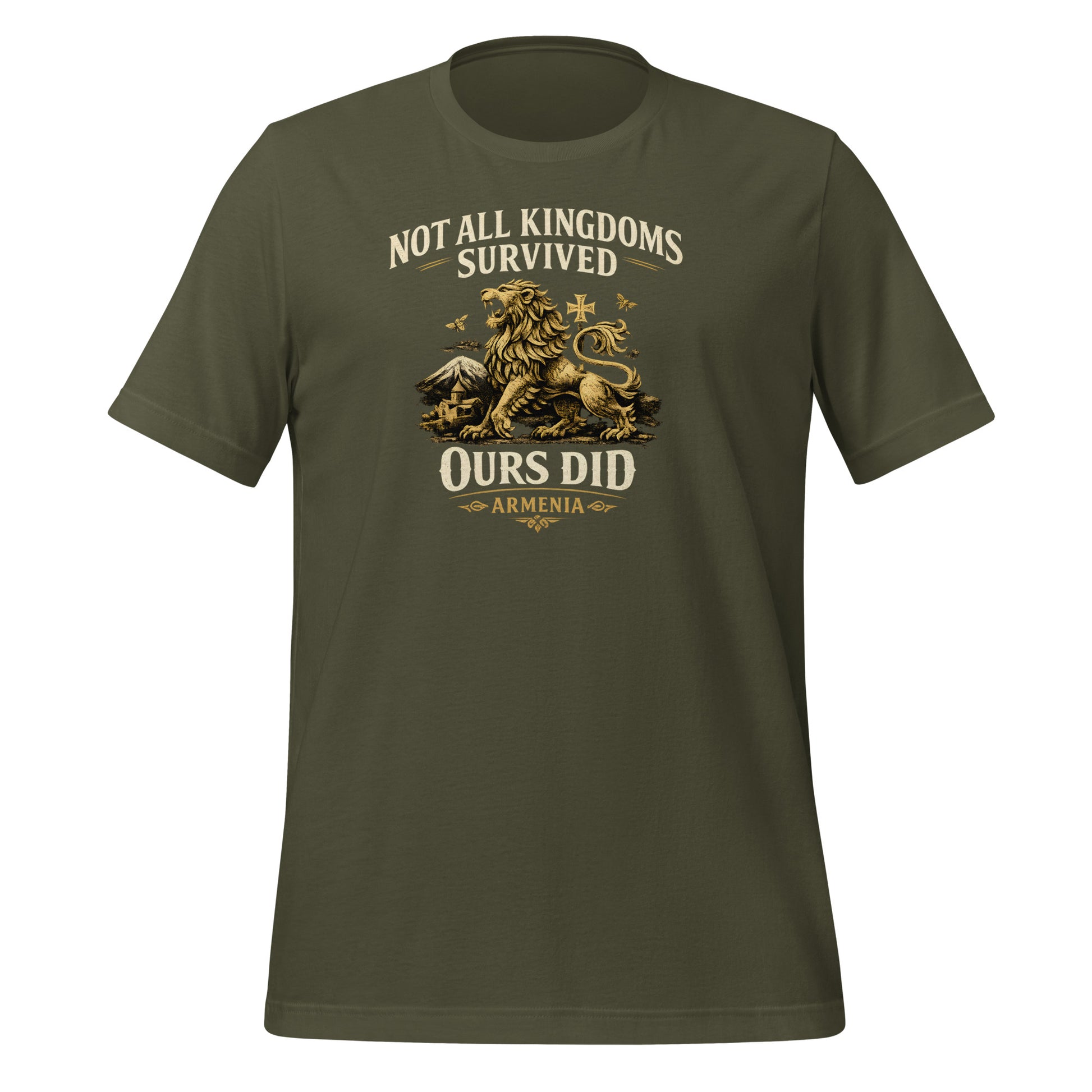 Heritage apparel graphic with Armenian lion crest and mountain scene
