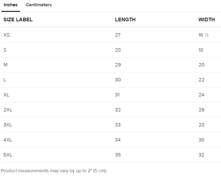 Inches Size Guide Tshirt