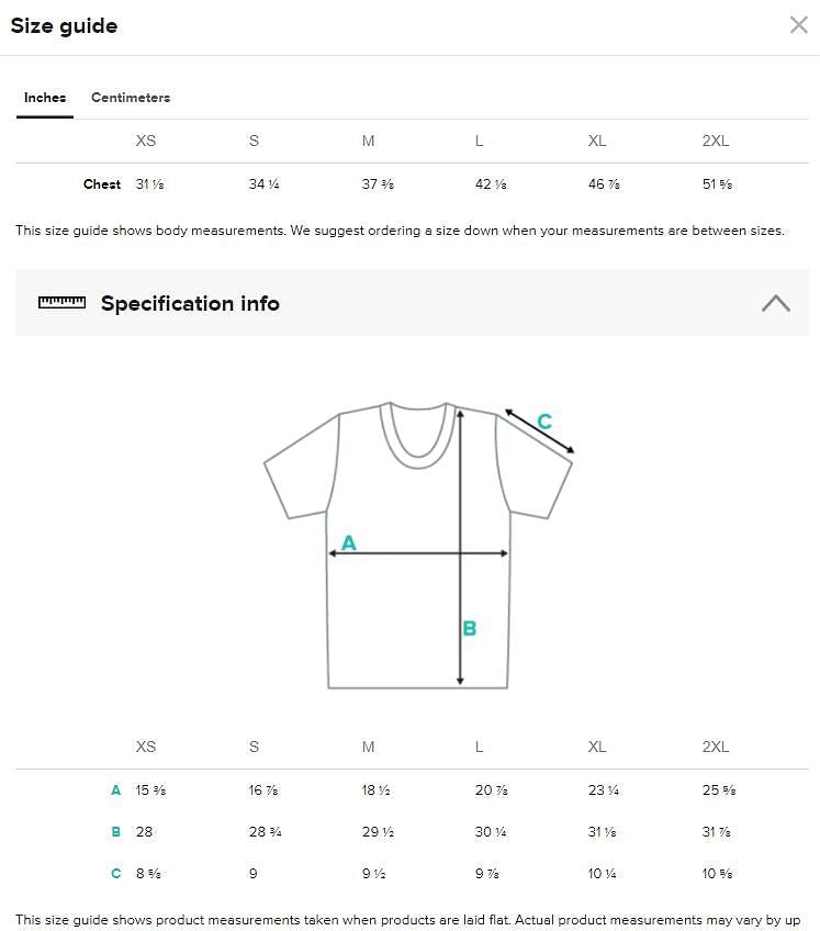 Inches Size Guide canada tshirt