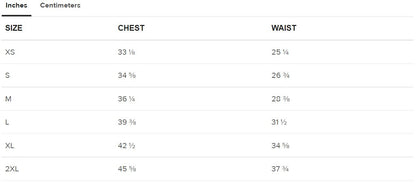 Inches size guide t-shirt