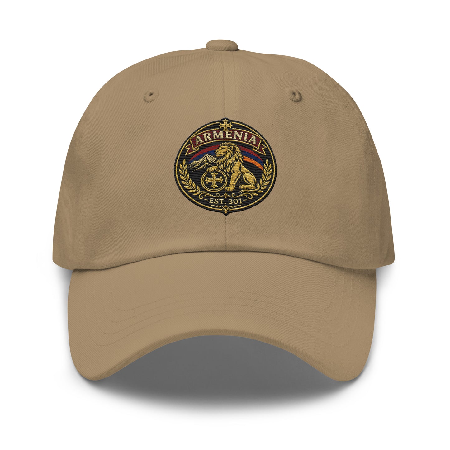 Khaki dad hat with Armenian coat of arms patch