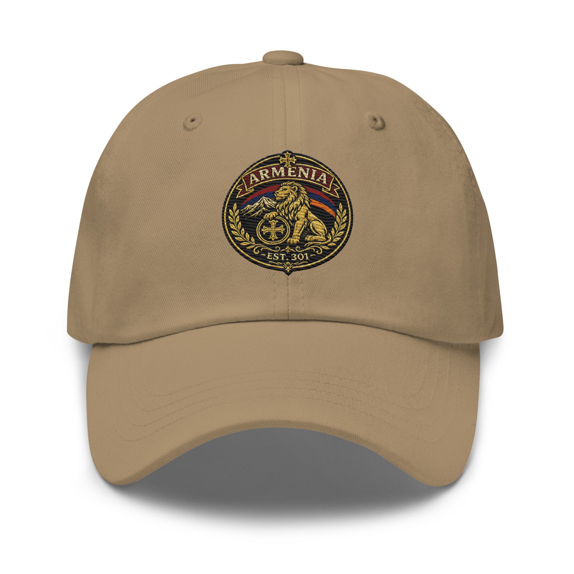 Khaki dad hat with Armenian coat of arms patch