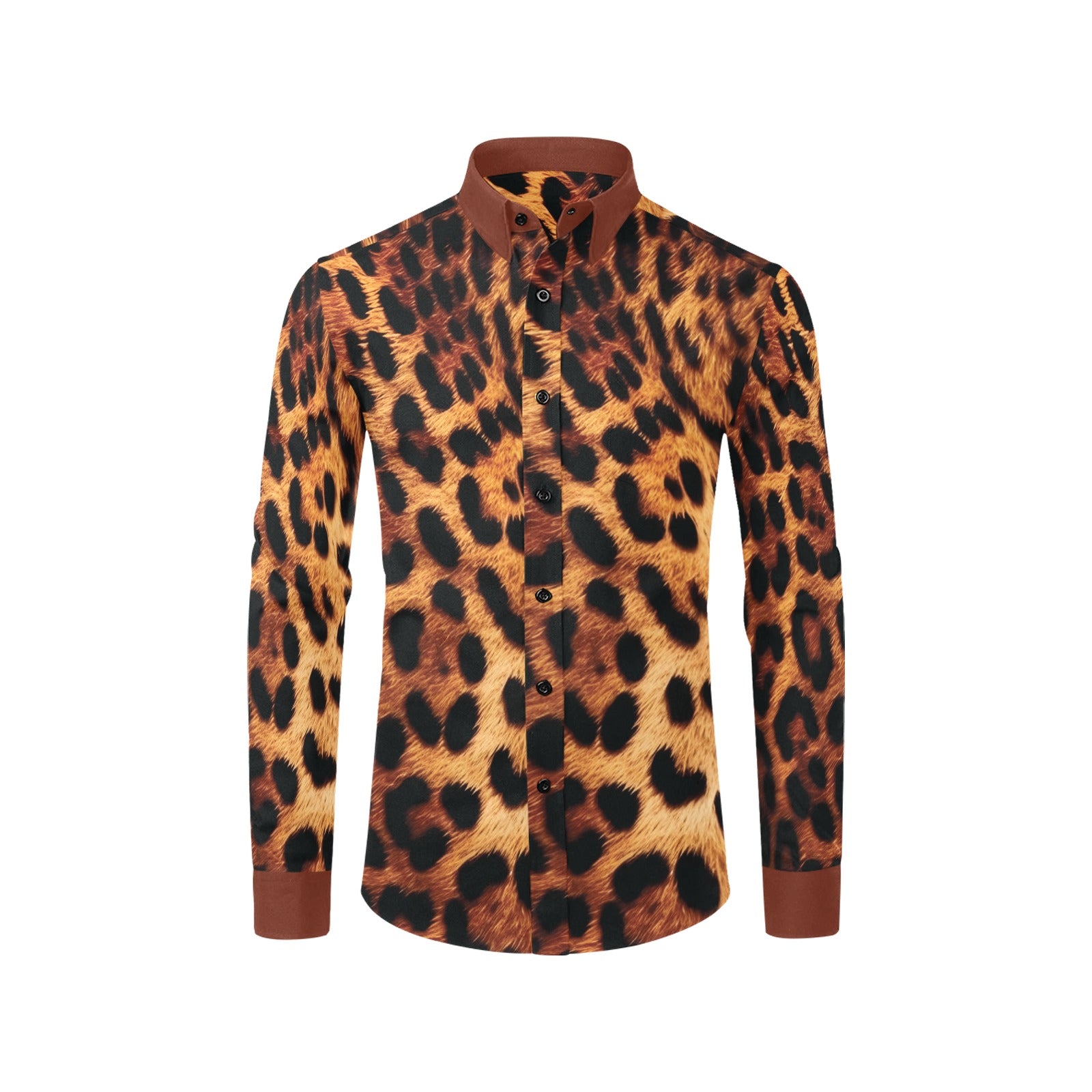 Leopard print dress shirt for men with brown collar and cuffs