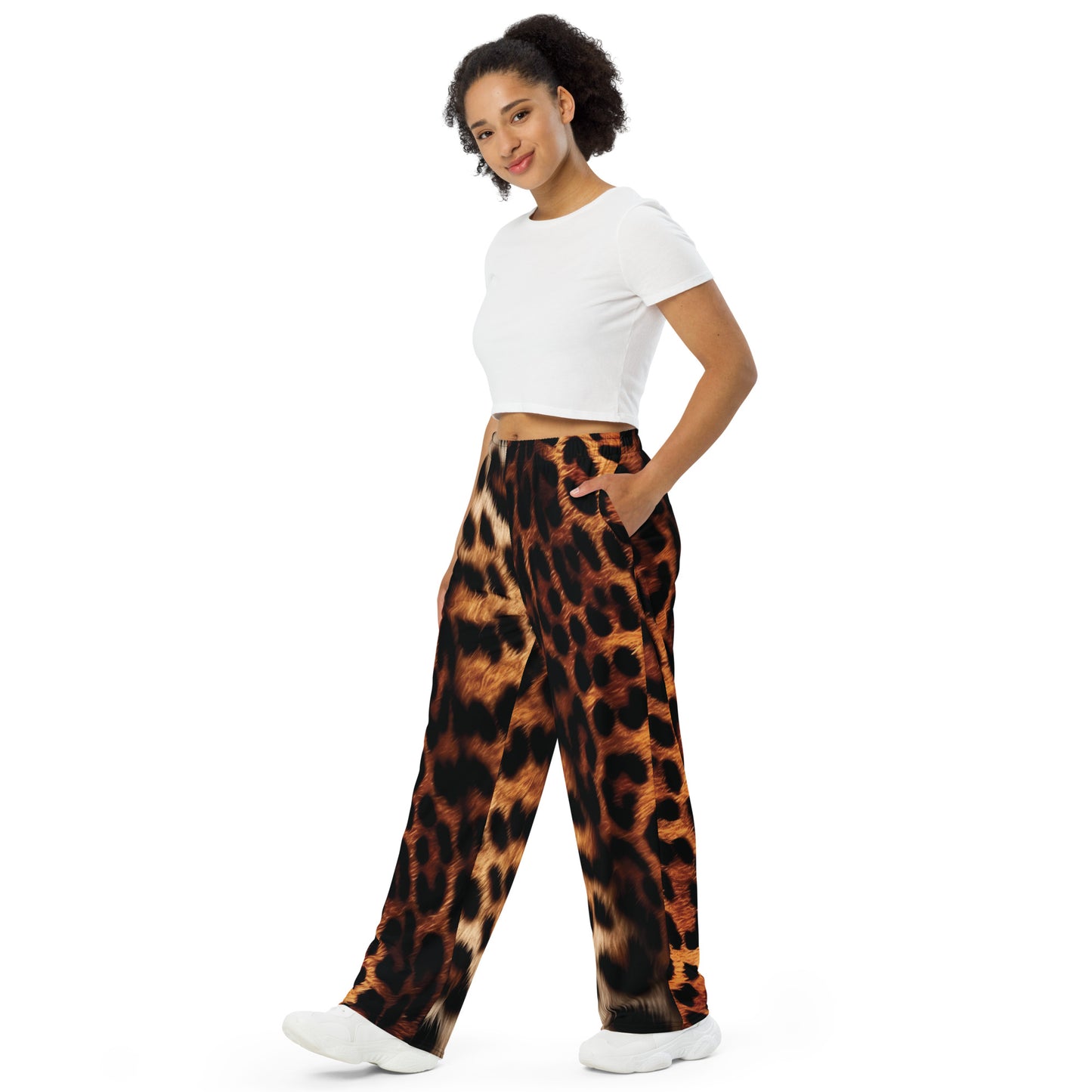 Leopard print pants with adjustable elastic waistband