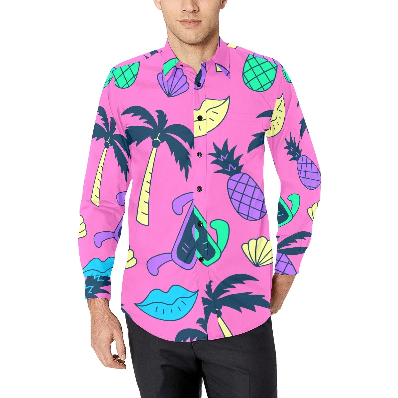 Men's Hawaiian Dress Shirt With Long Sleeves | YVDdesign 2XL / Pink Men's Hawaiian Dress Shirt With Long Sleeves | YVDdesign 2XL / Pink