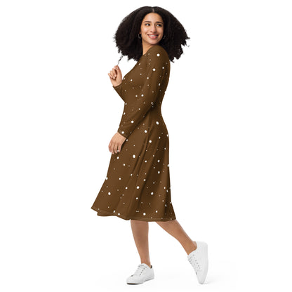 Long sleeve brown and white polka dot midi dress with side pockets
