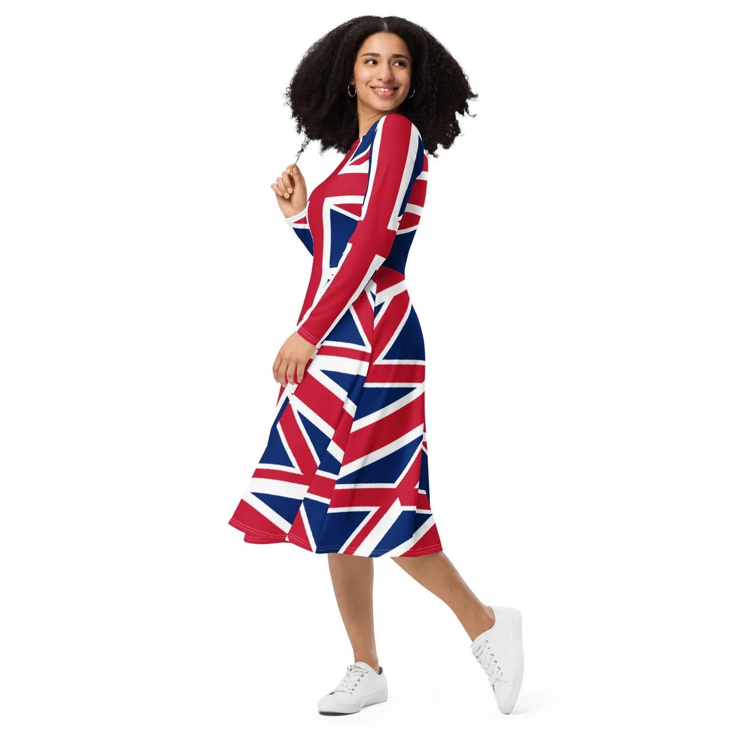 Long sleeve dress with pockets Union Jack print midi length