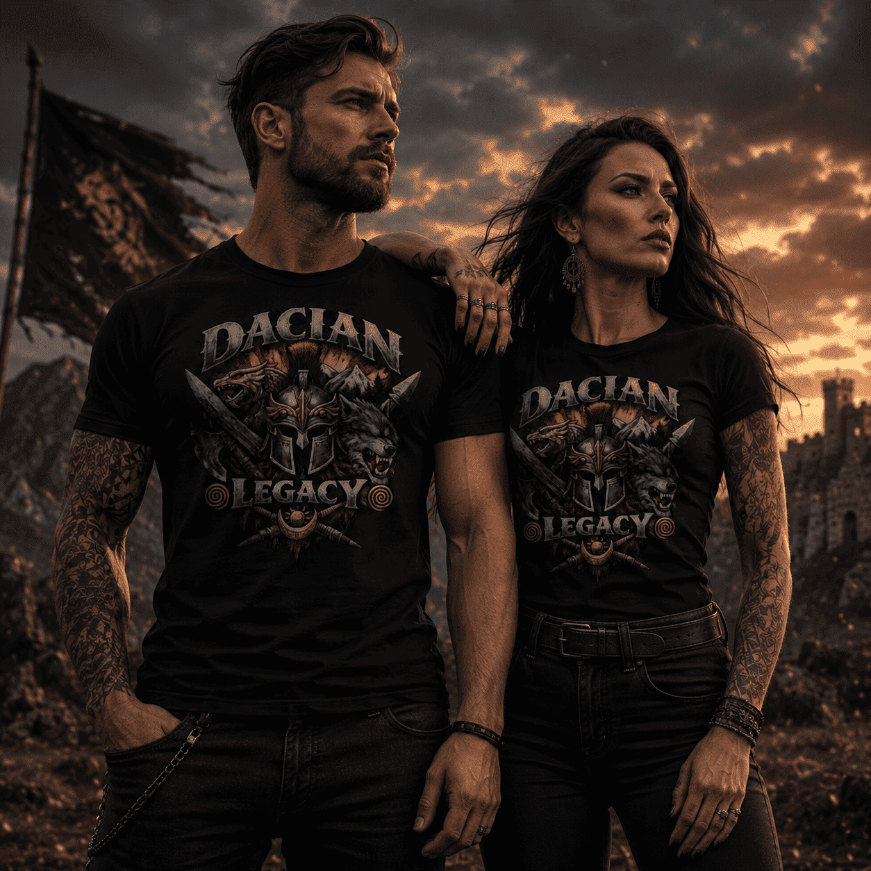 Man and woman wearing black Dacian Legacy graphic t-shirt with wolf and warrior helmet design