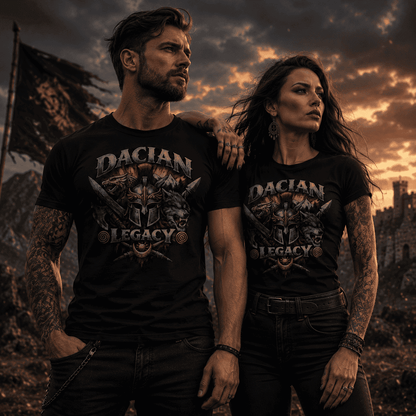 Man and woman wearing black Dacian Legacy graphic t-shirt with wolf and warrior helmet design