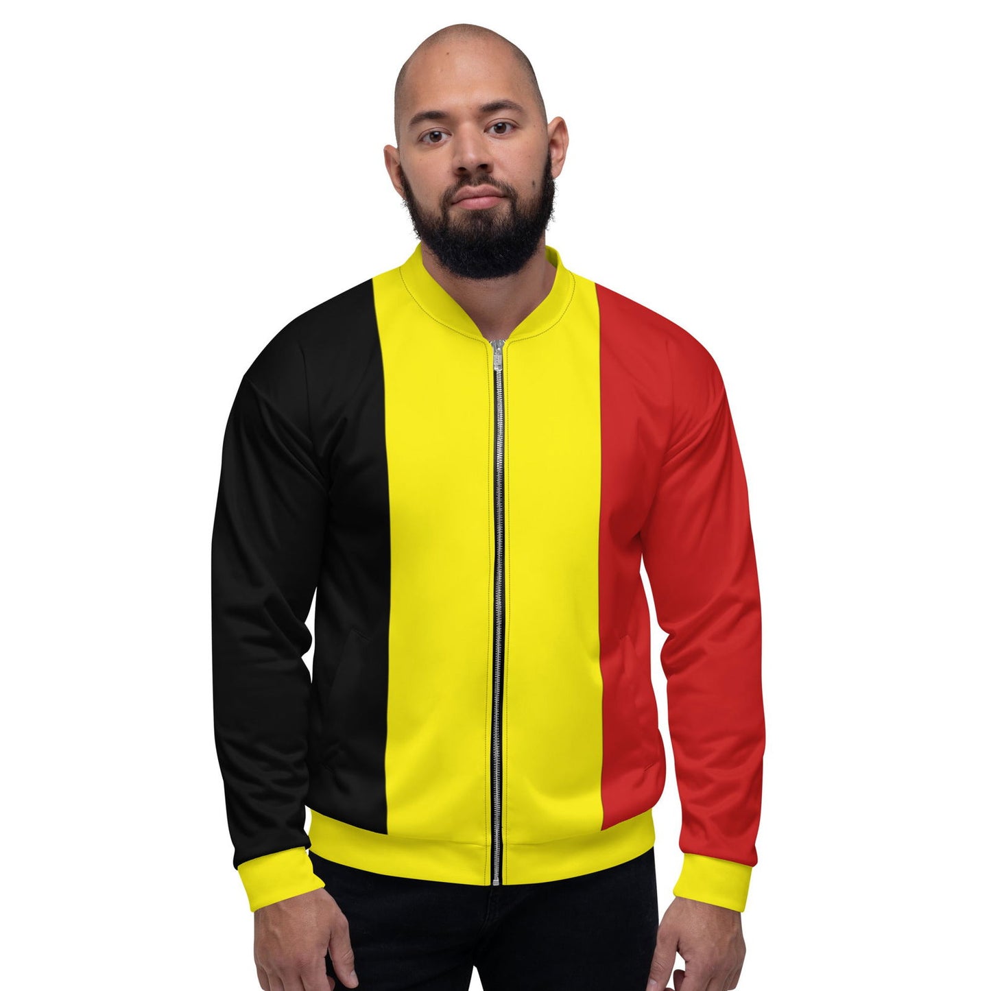 Man wearing Belgium flag colors bomber jacket front view
