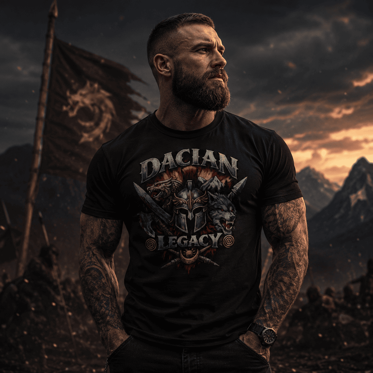Man wearing black Dacian Legacy warrior graphic t-shirt with wolf and helmet design
