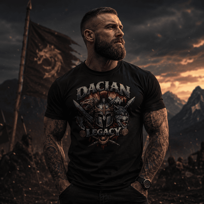 Man wearing black Dacian Legacy warrior graphic t-shirt with wolf and helmet design
