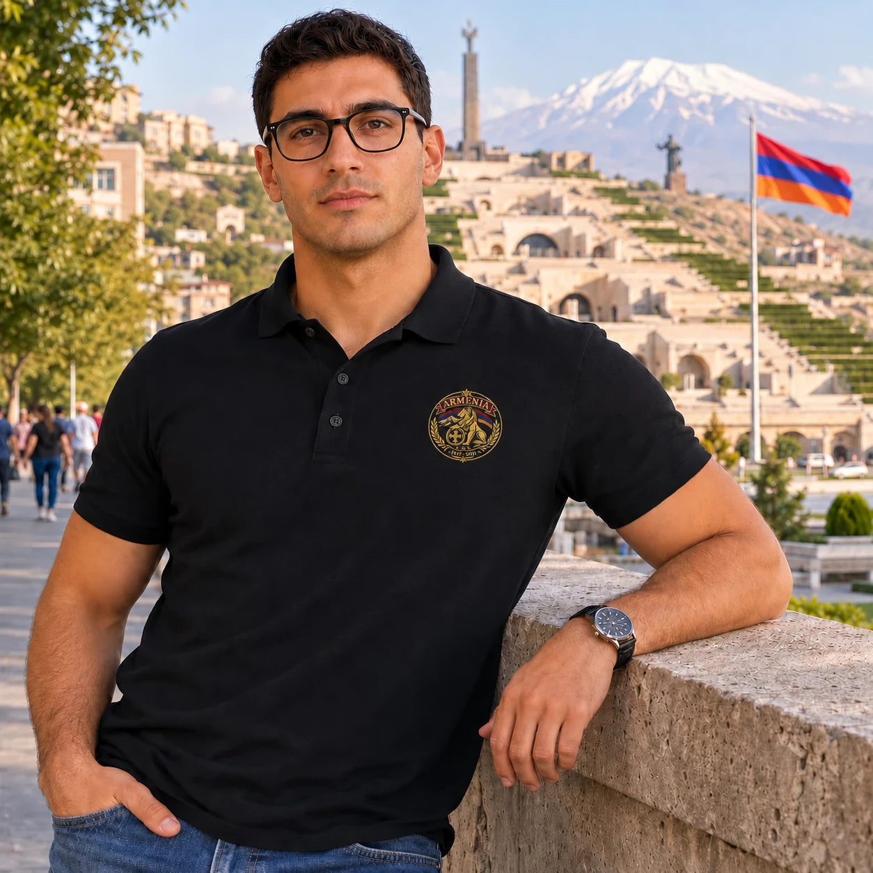 Man wearing men's black Armenian heritage embroidered polo shirt with lion crest