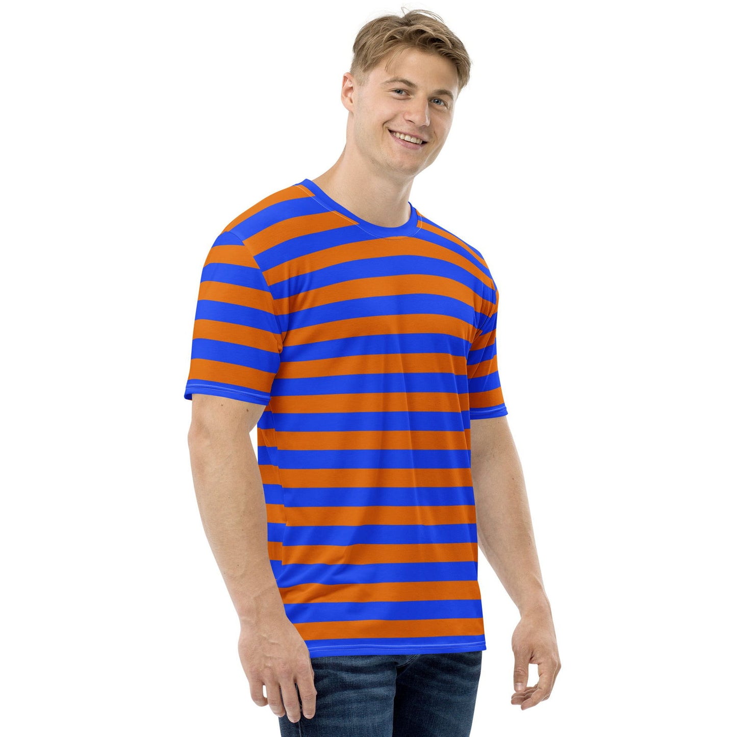 Men blue orange striped t-shirt cotton touch fabric