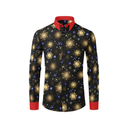 Men's Christmas dress shirt with golden snowflake design on black